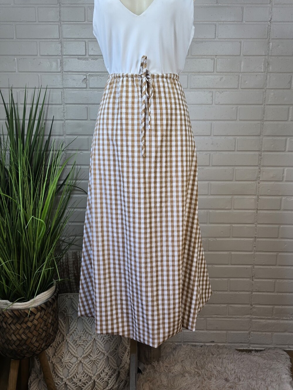 Emerson Lang Brown Gingham Bubble Midi Skirt Size Small